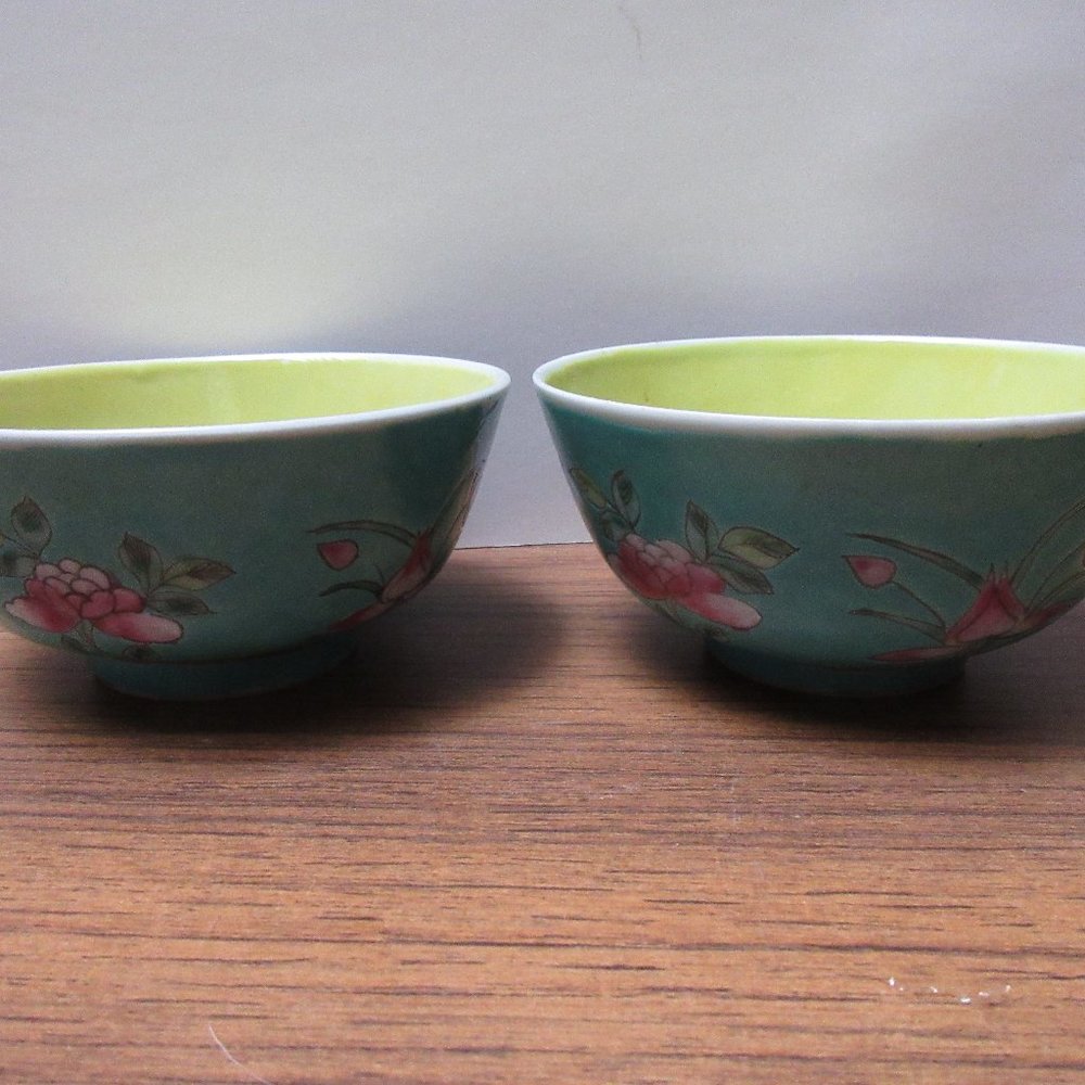 Pair (Two) Turquoise Floral Ceramic Bowls China